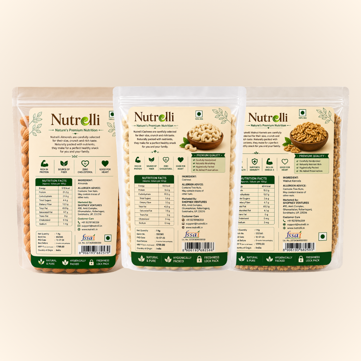 Nutrelli Premium Almonds, Cashews & Walnuts Combo (3 x 1KG)
